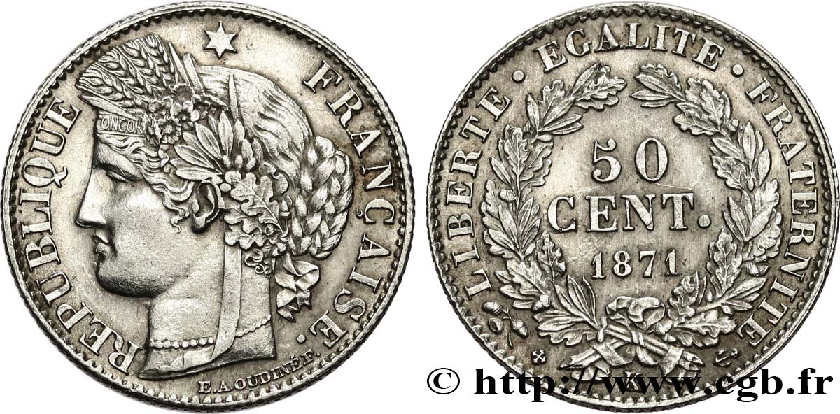 50 centimes Cérès, IIIe République 1871 Bordeaux F.189/2 SUP+ 