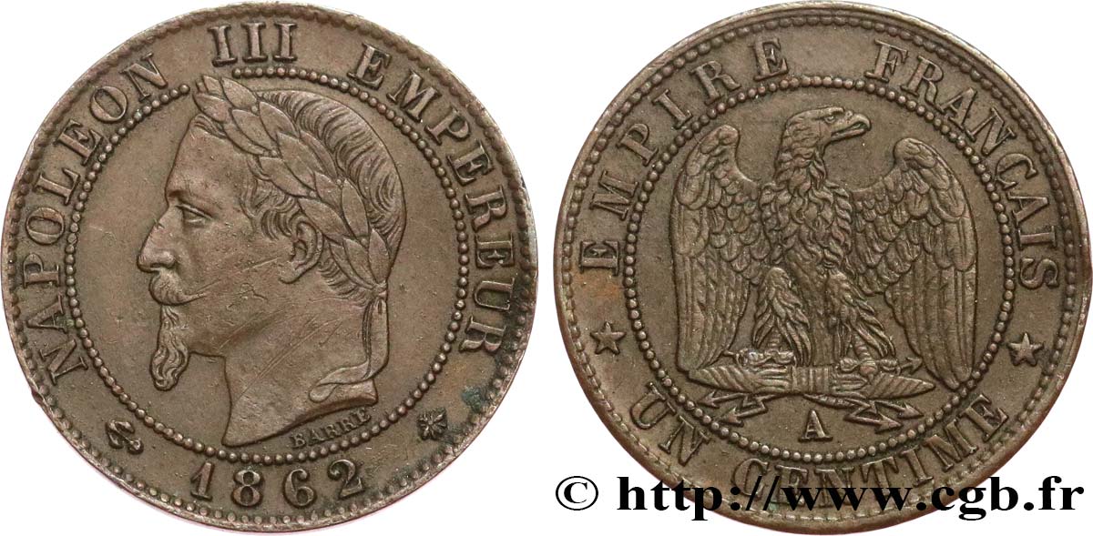 Un centime Napoléon III, tête laurée 1862 Paris F.103/4 BB 