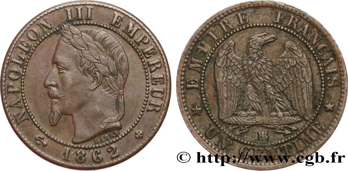 Un centime Napoléon III, tête laurée, petit BB 1862 Strasbourg F.103/5 SS45 
