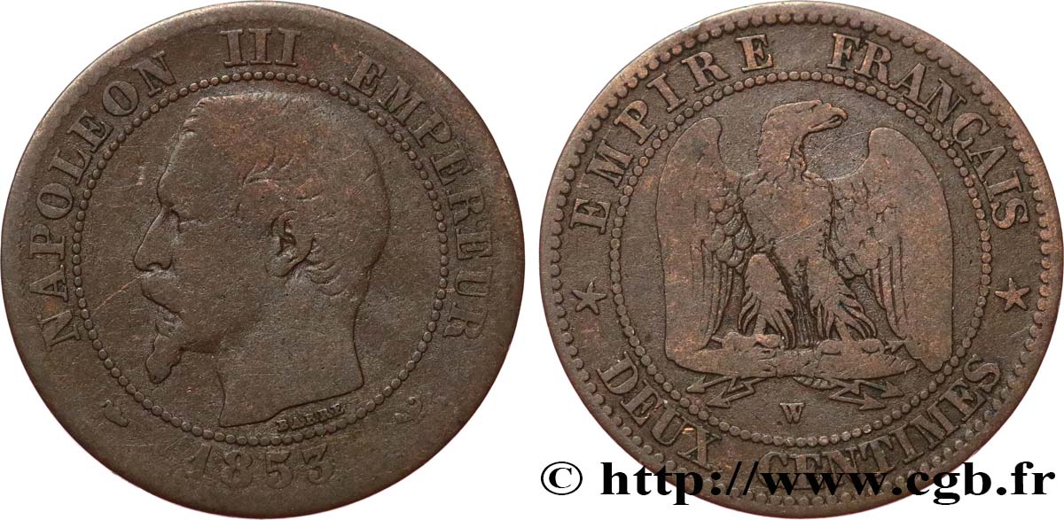 Deux centimes Napoléon III, tête nue 1853 Lille F.107/8 SGE10 