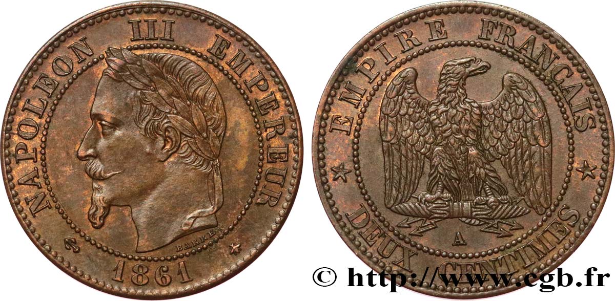 Deux centimes Napoléon III, tête laurée 1861 Paris F.108A/1 TTB53 