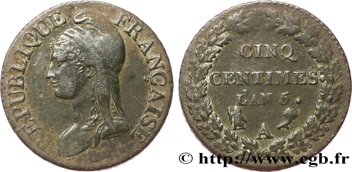 Cinq centimes Dupré, grand module 1797 Paris F.115/1 VF35 