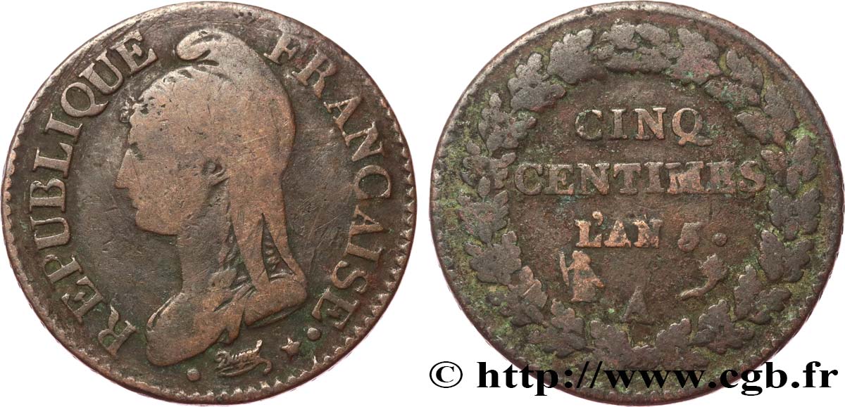 Cinq centimes Dupré, grand module 1797 Paris F.115/1 S15 