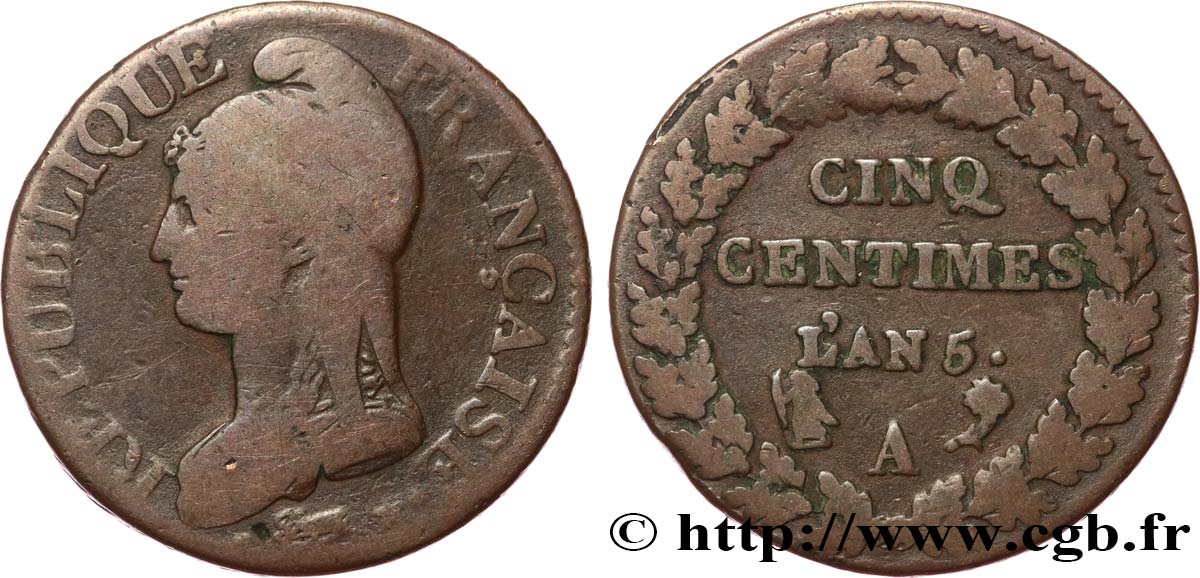 Cinq centimes Dupré, grand module 1797 Paris F.115/1 S15 