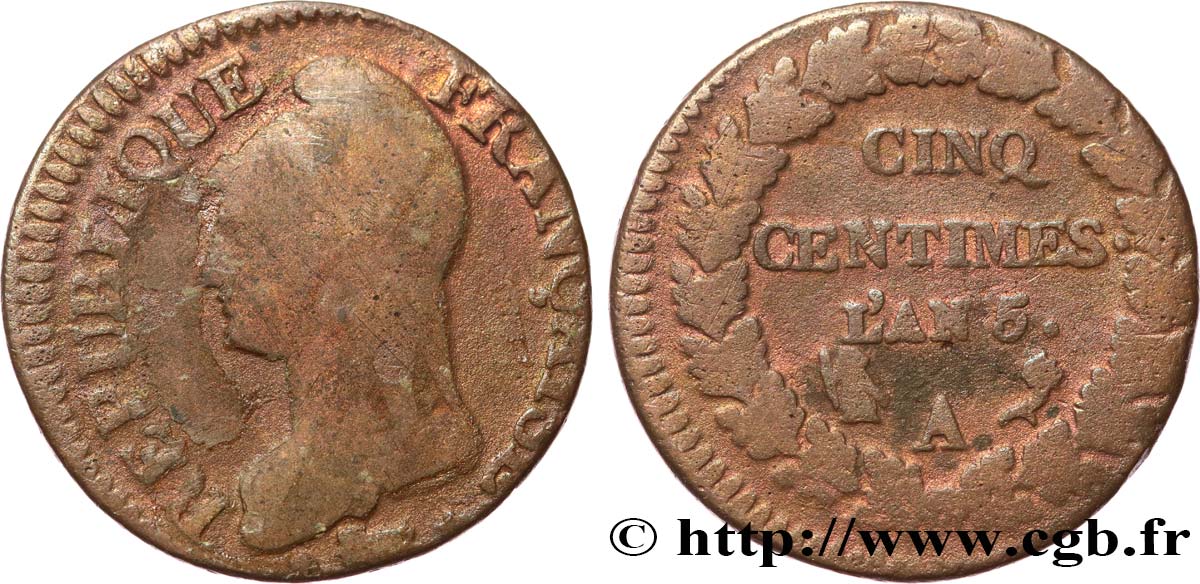 Cinq centimes Dupré, grand module, frappe décentrée 1797 Paris F.115/1 B 