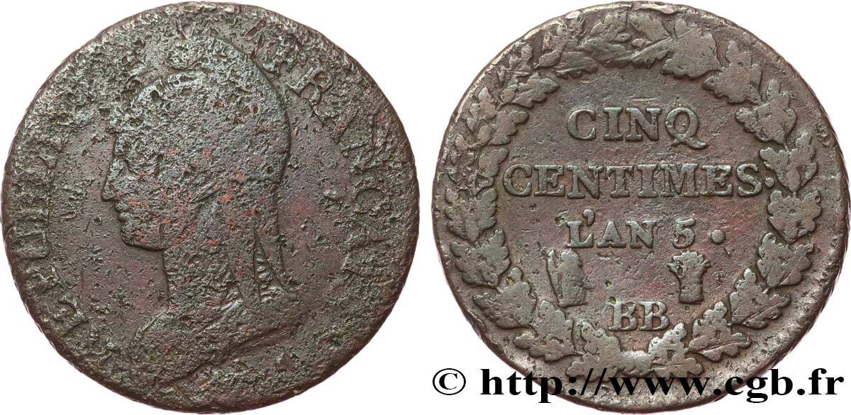 Cinq centimes Dupré, grand module 1797 Strasbourg F.115/20 RC/BC 