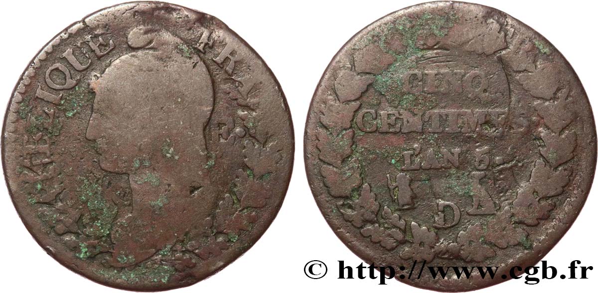 Cinq centimes Dupré, grand module,  refrappage  du décime 1797 Lyon F.114/7 B10 