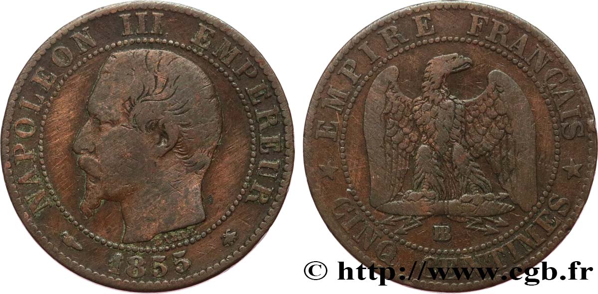 Cinq centimes Napoléon III, tête nue 1855 Strasbourg F.116/20 TB 
