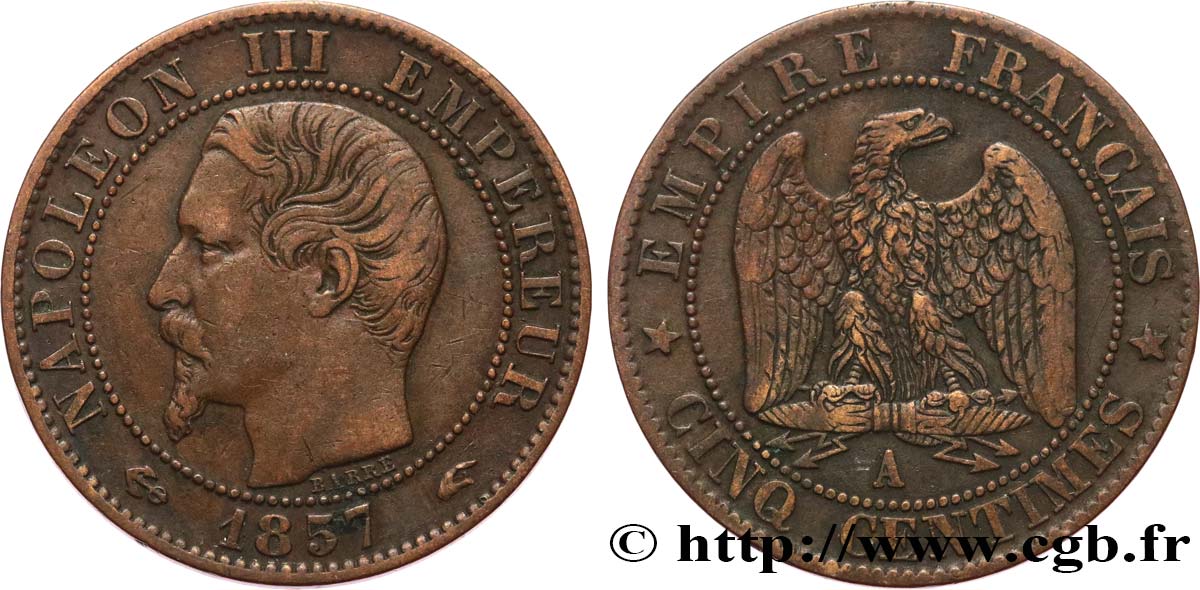 Cinq centimes Napoléon III, tête nue 1857 Paris F.116/37 VF35 