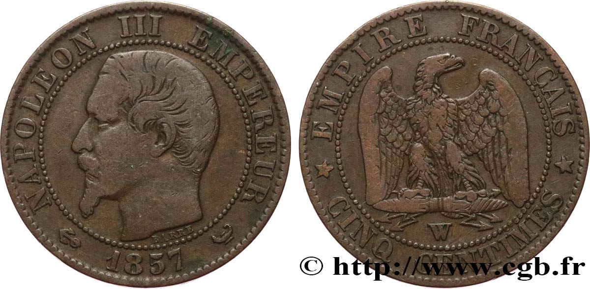 Cinq centimes Napoléon III, tête nue 1857 Lille F.116/43 VF20 