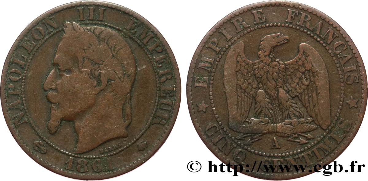 Cinq centimes Napoléon III, tête laurée 1861 Paris F.117/4 VF20 
