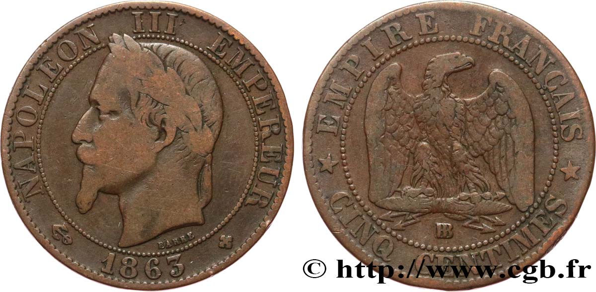 Cinq centimes Napoléon III, tête laurée 1863 Strasbourg F.117/11 TB20 