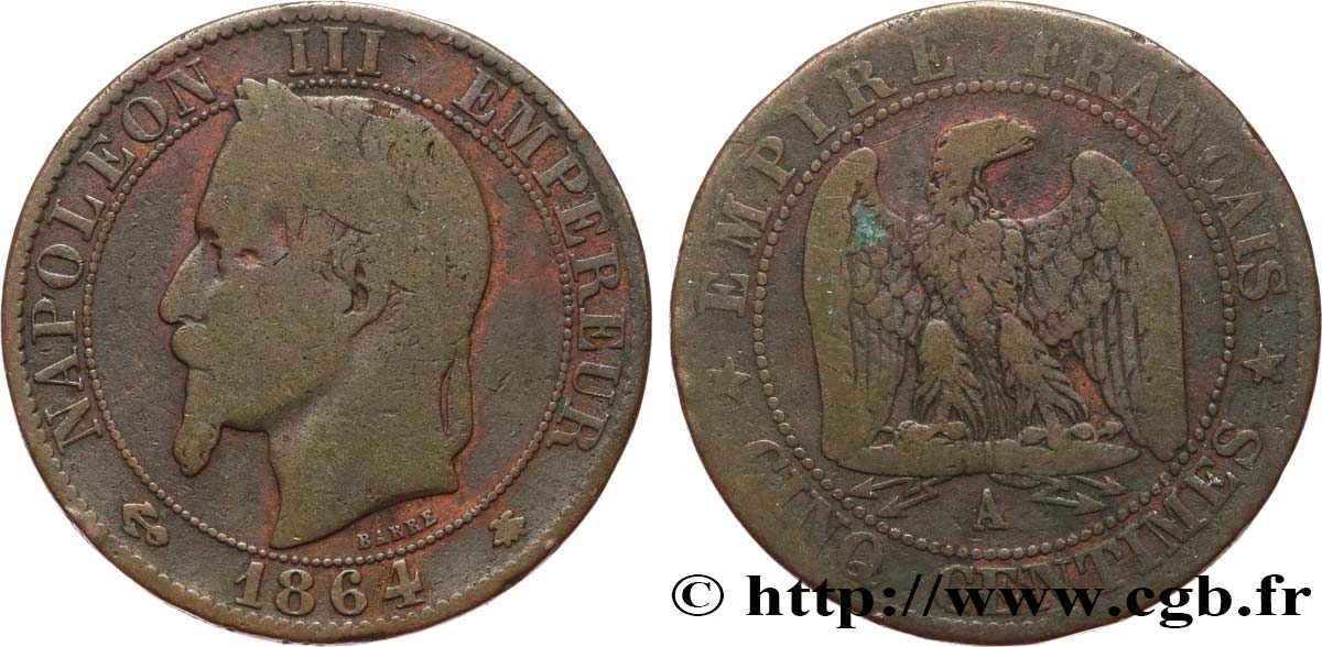 Cinq centimes Napoléon III, tête laurée 1864 Paris F.117/13 TB15 