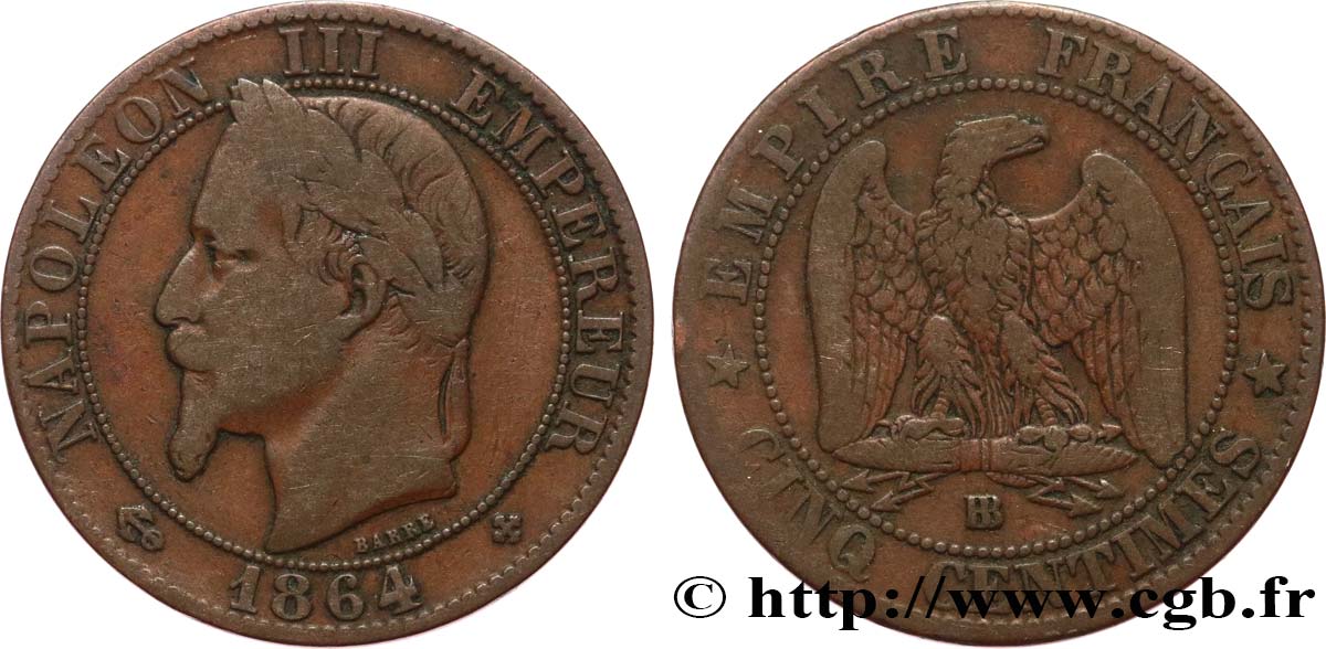 Cinq centimes Napoléon III, tête laurée 1864 Strasbourg F.117/14 TB20 