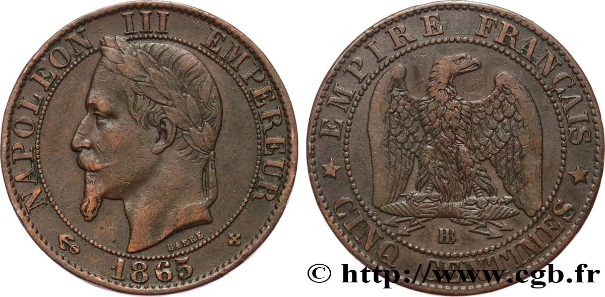 Cinq centimes Napoléon III, tête laurée 1865 Strasbourg F.117/17 TB35 