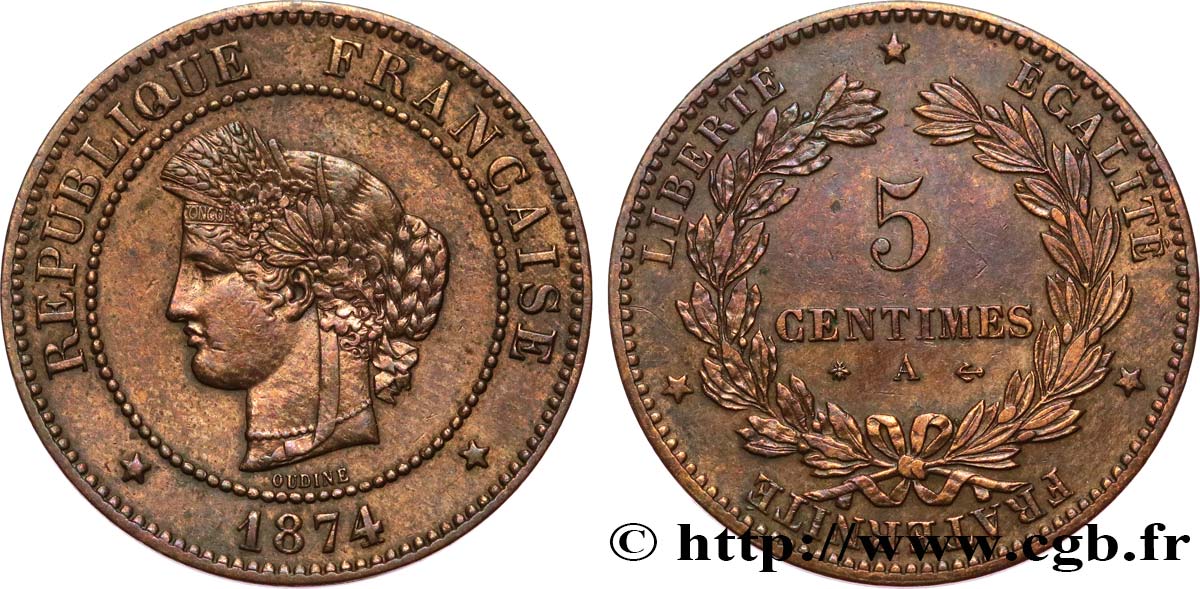 5 centimes Cérès 1874 Paris F.118/9 fVZ 