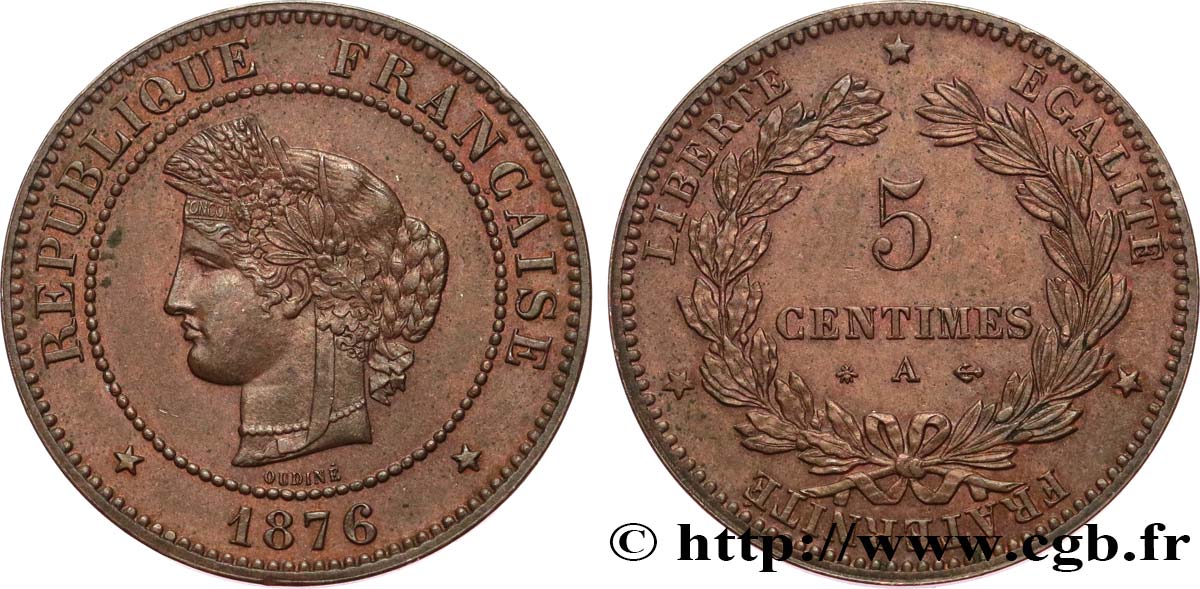 5 centimes Cérès 1876 Paris F.118/13 SUP58 