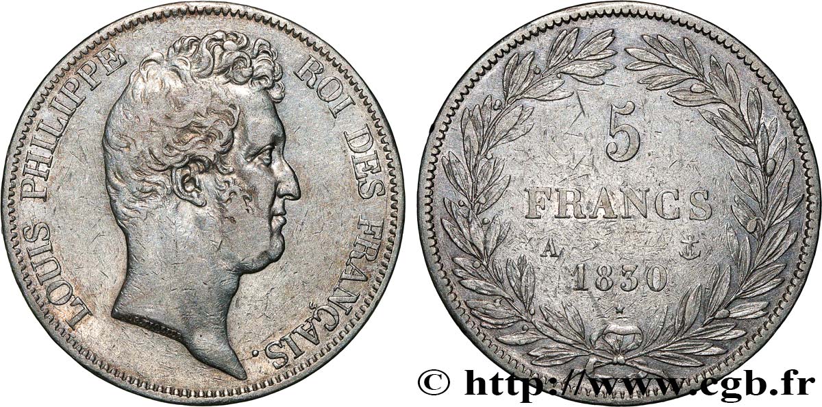 5 francs type Tiolier sans le I, tranche en creux 1830 Paris F.313/1 VF 