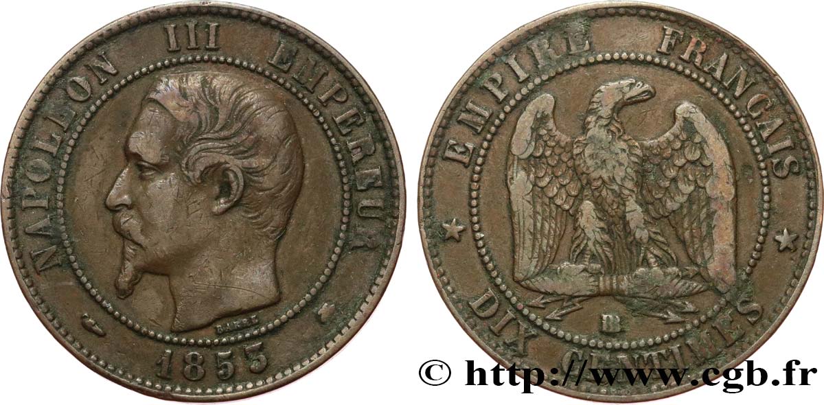 Dix centimes Napoléon III, tête nue 1853 Strasbourg F.133/4 VF35 