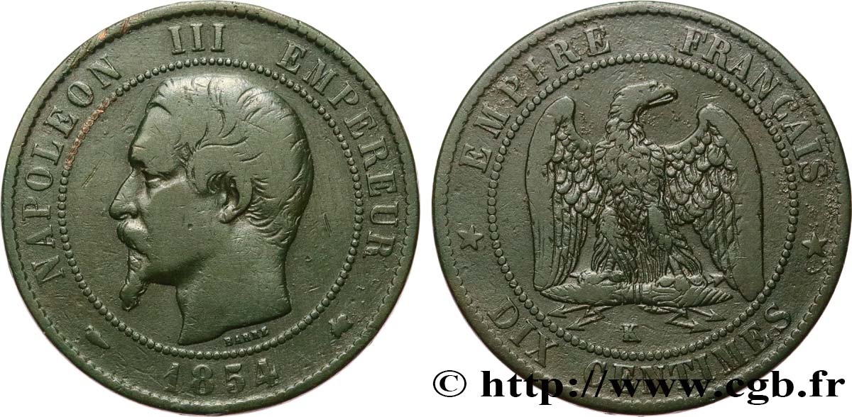 Dix centimes Napoléon III, tête nue 1854 Bordeaux F.133/16 TB25 
