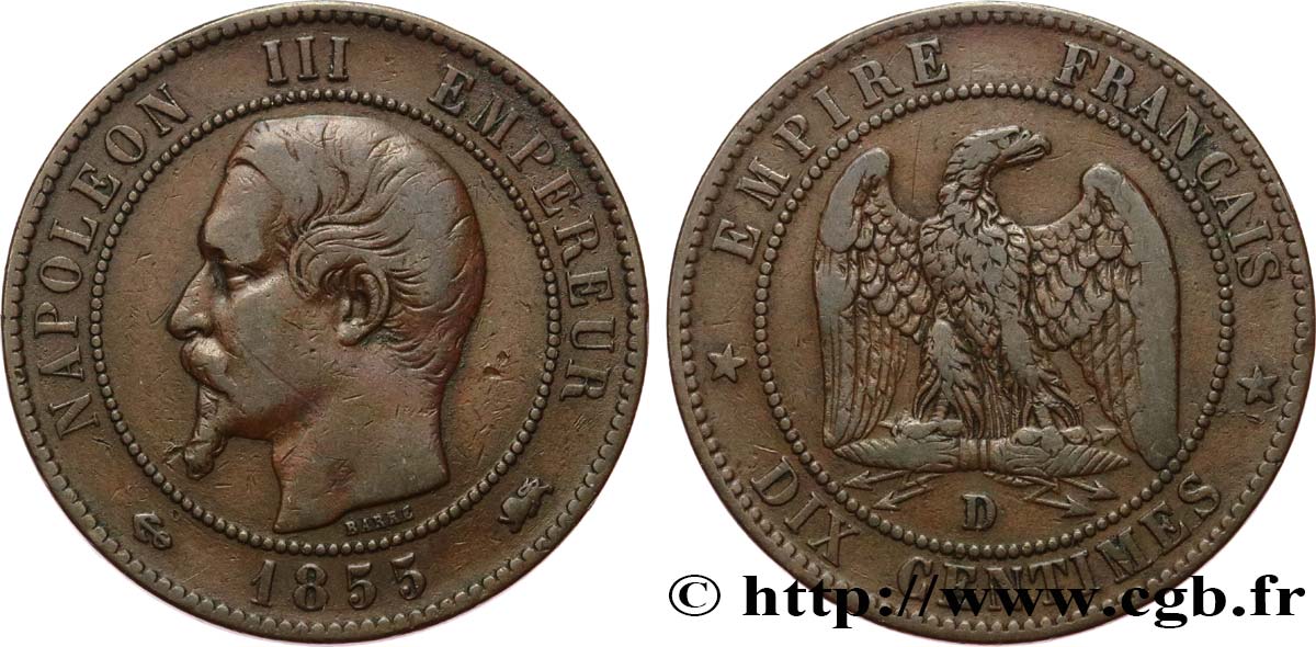 Dix centimes Napoléon III, tête nue 1855 Lyon F.133/26 BC30 