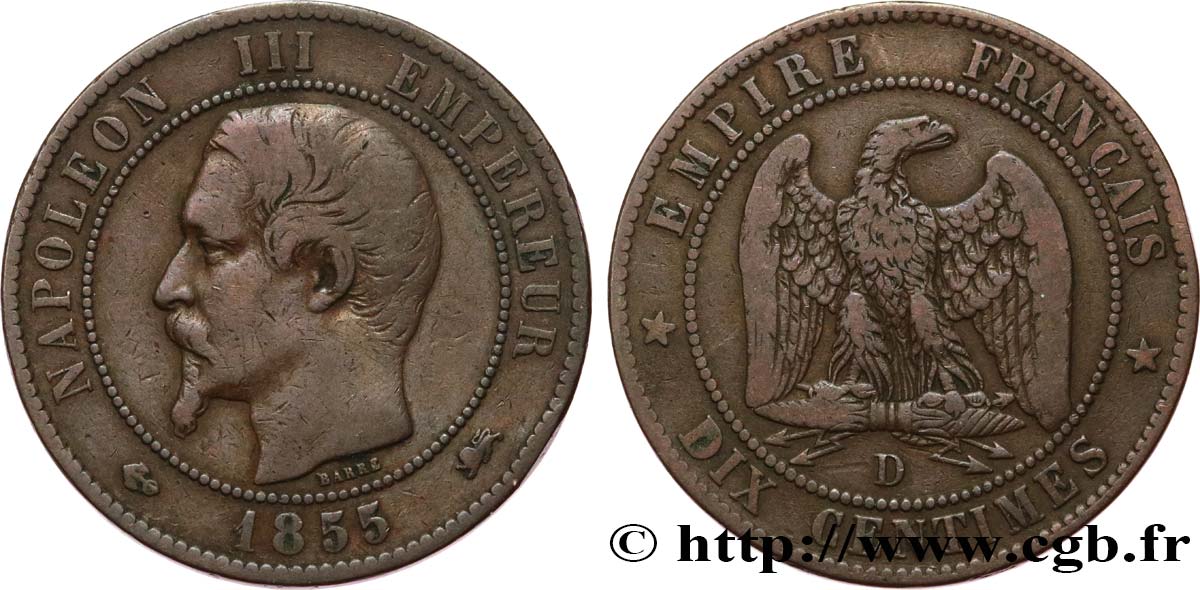 Dix centimes Napoléon III, tête nue 1855 Lyon F.133/26 VF25 