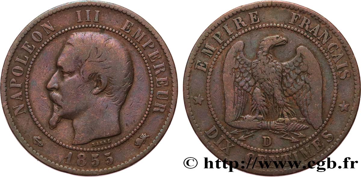 Dix centimes Napoléon III, tête nue 1855 Lyon F.133/26 TB 