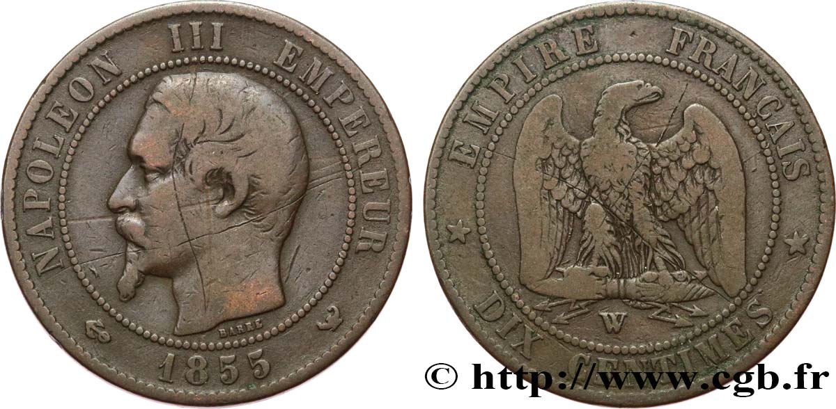 Dix centimes Napoléon III, tête nue 1855 Lille F.133/33 B+ 