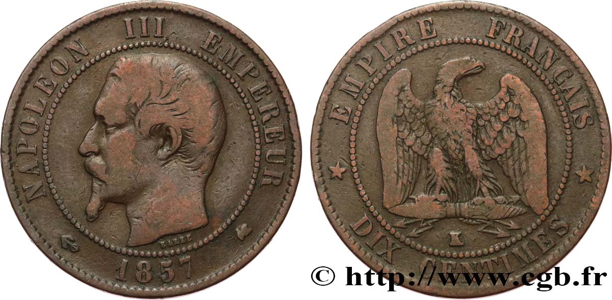 Dix centimes Napoléon III, tête nue 1857 Bordeaux F.133/43 TB25 