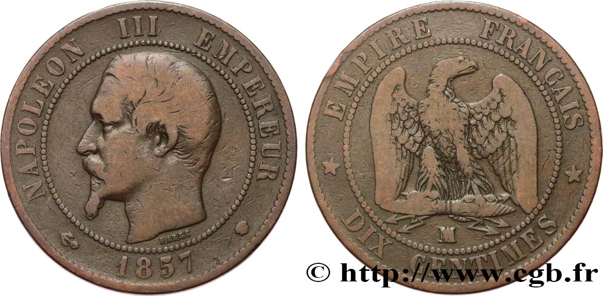 Dix centimes Napoléon III, tête nue 1857 Marseille F.133/45 BC15 