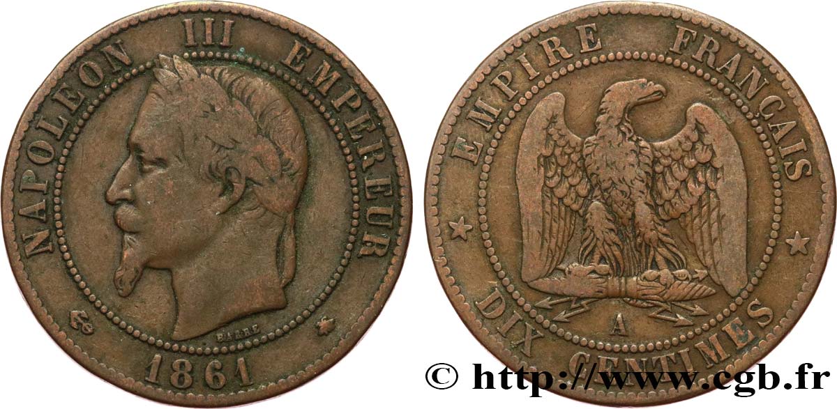 Dix centimes Napoléon III, tête laurée 1861 Paris F.134/4 VF20 
