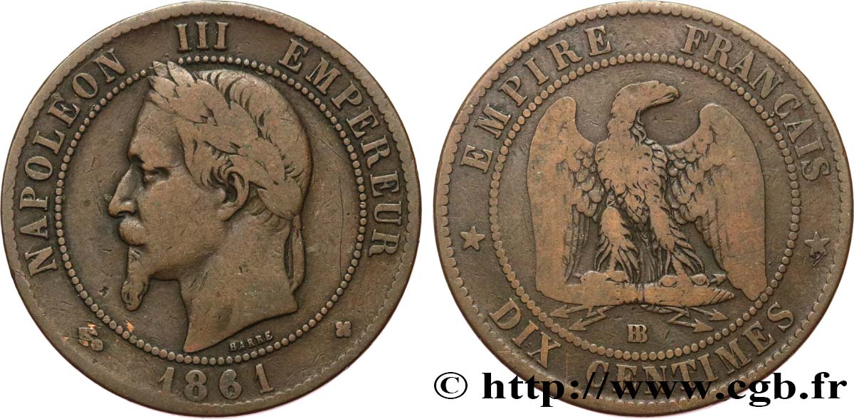 Dix centimes Napoléon III, tête laurée 1861 Strasbourg F.134/5 TB15 
