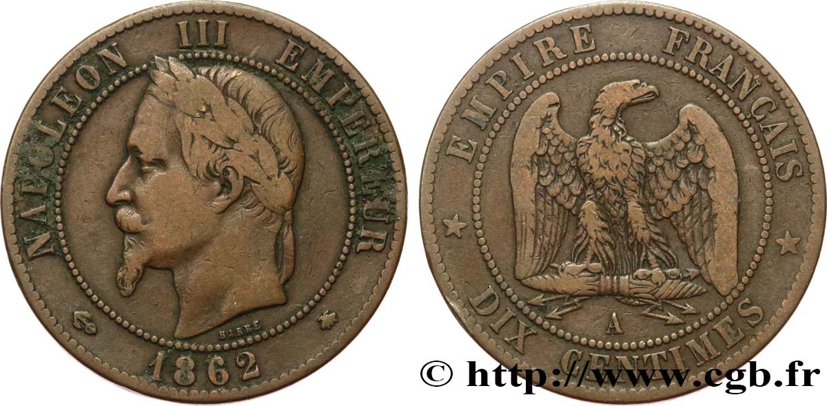 Dix centimes Napoléon III, tête laurée 1862 Paris F.134/7 TB20 