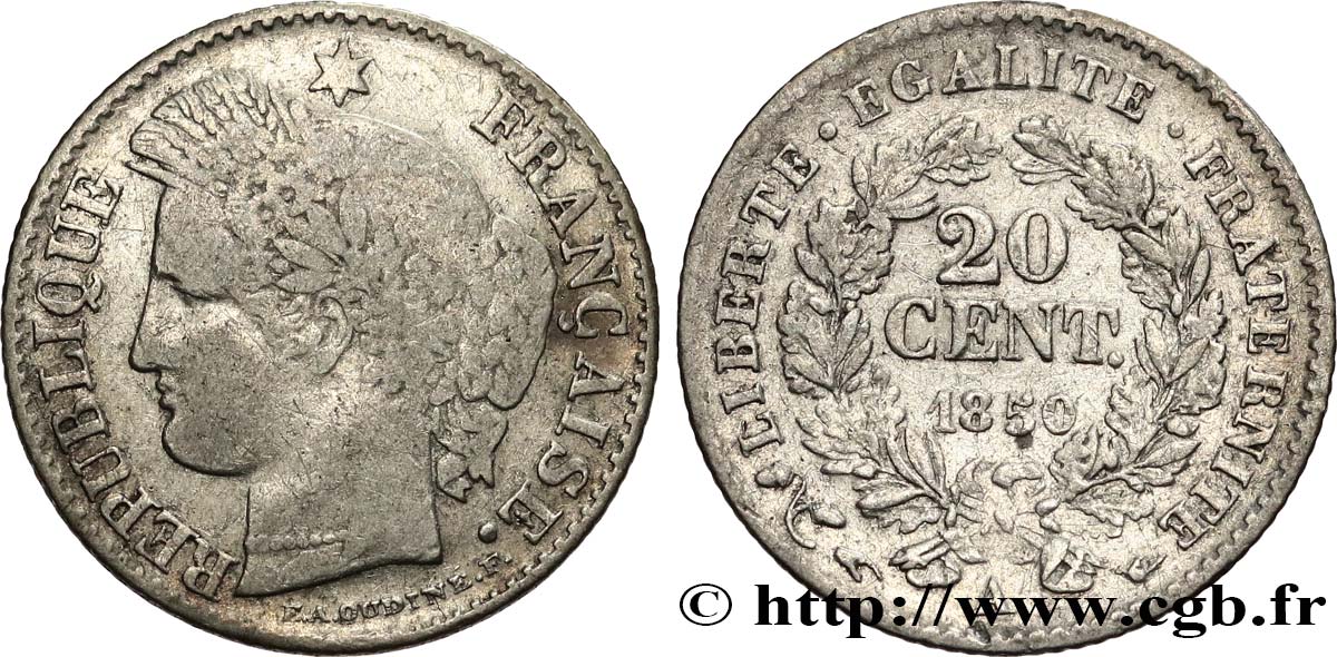 20 centimes Cérès, IIe République 1850 Paris F.146/2 B+ 