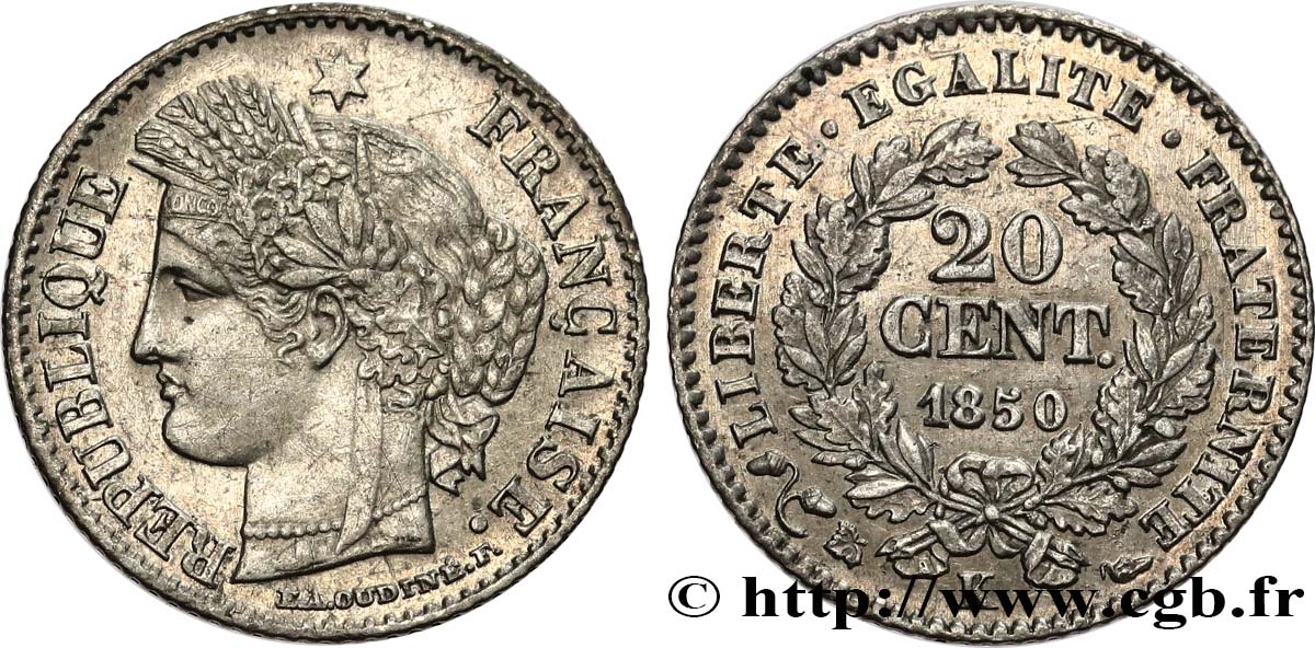20 centimes Cérès, IIe République 1850 Bordeaux F.146/5 TTB+ 