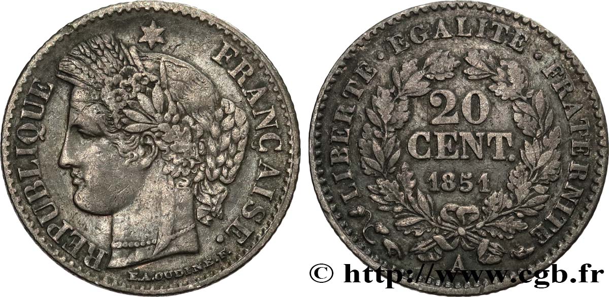 20 centimes Cérès, IIe République 1851 Paris F.146/7 VF 