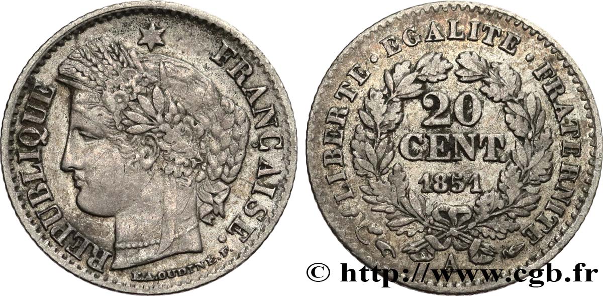 20 centimes Cérès, IIe République 1851 Paris F.146/7 MB35 