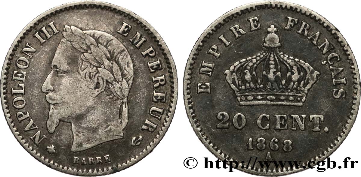 20 centimes Napoléon III, tête laurée, grand module 1868 Paris F.150/4 S 