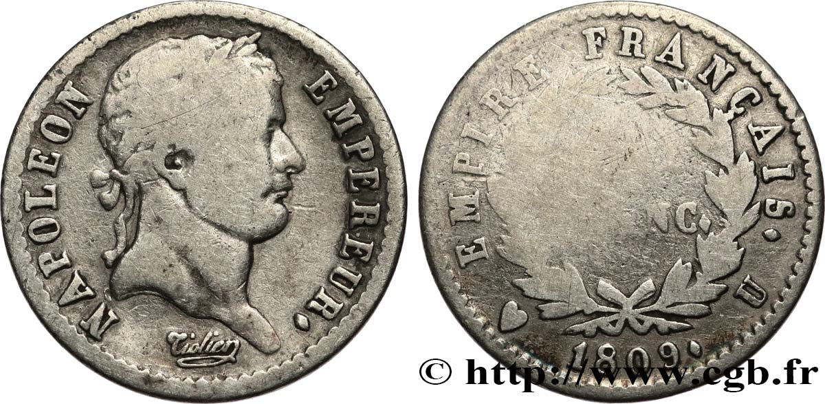 Demi-franc Napoléon Ier tête laurée, Empire français 1809 Turin F.178/8 G6 