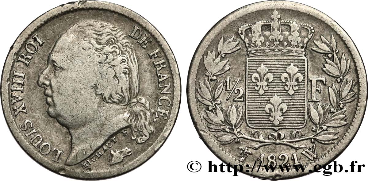1/2 franc Louis XVIII 1821 Lille F.179/29 TB25 