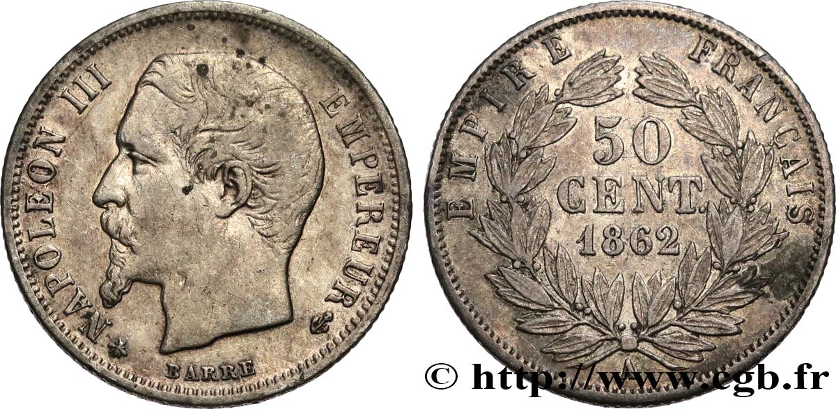 50 centimes Napoléon III, tête nue 1862 Paris F.187/16 TTB 