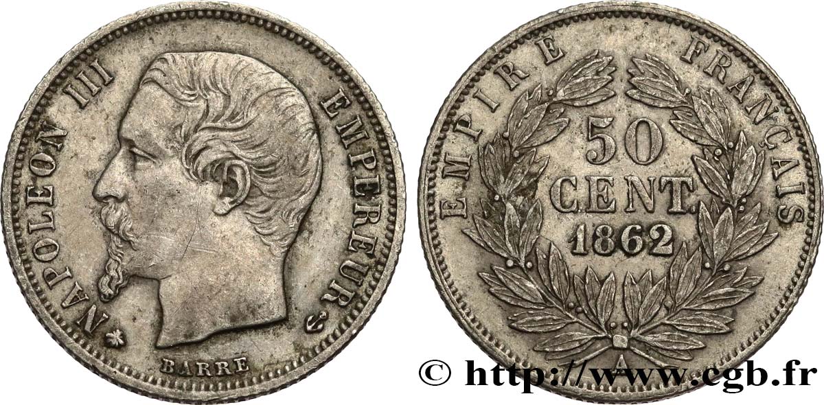 50 centimes Napoléon III, tête nue 1862 Paris F.187/16 TTB50 