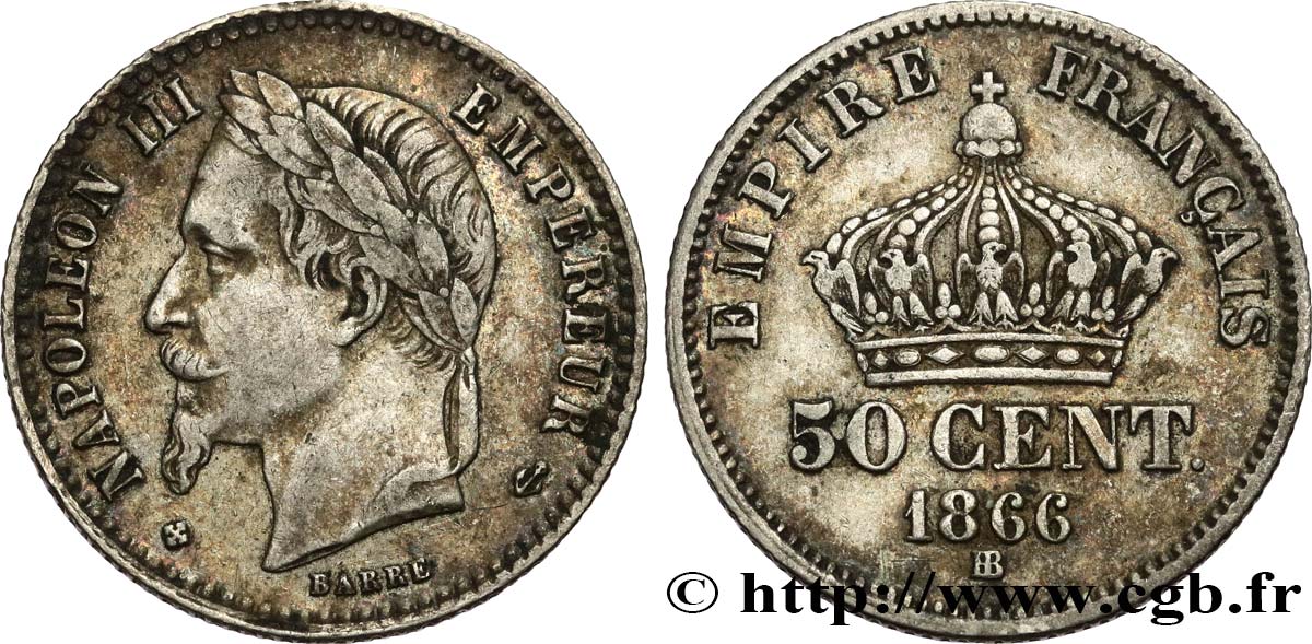 50 centimes Napoléon III, tête laurée 1866 Strasbourg F.188/10 TTB45 