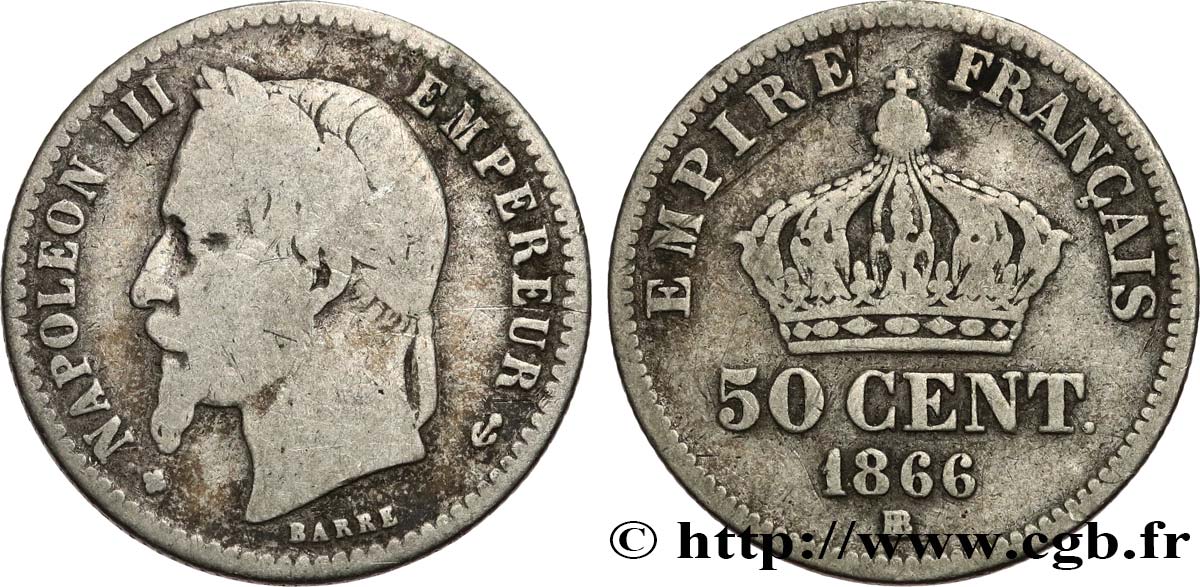 50 centimes Napoléon III, tête laurée 1866 Strasbourg F.188/10 B12 