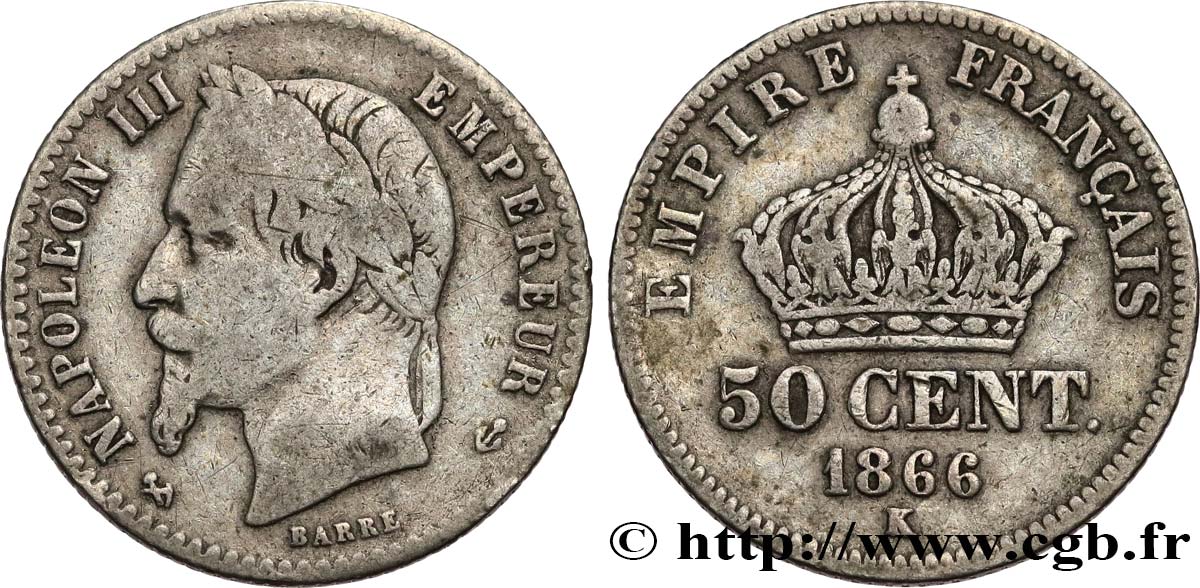 50 centimes Napoléon III, tête laurée 1866 Bordeaux F.188/11 TB15 