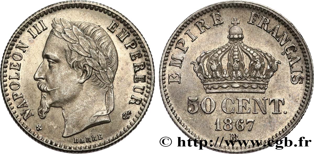 50 centimes Napoléon III, tête laurée 1867 Strasbourg F.188/16 SPL60 