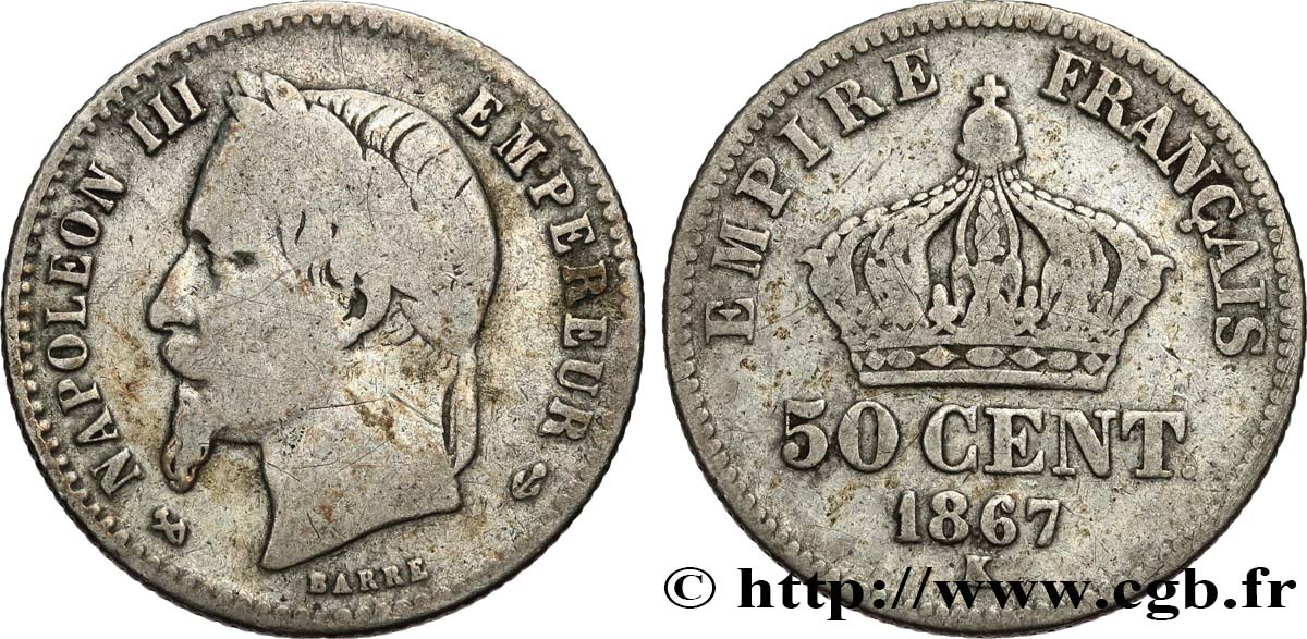 50 centimes Napoléon III, tête laurée 1867 Bordeaux F.188/18 B+ 