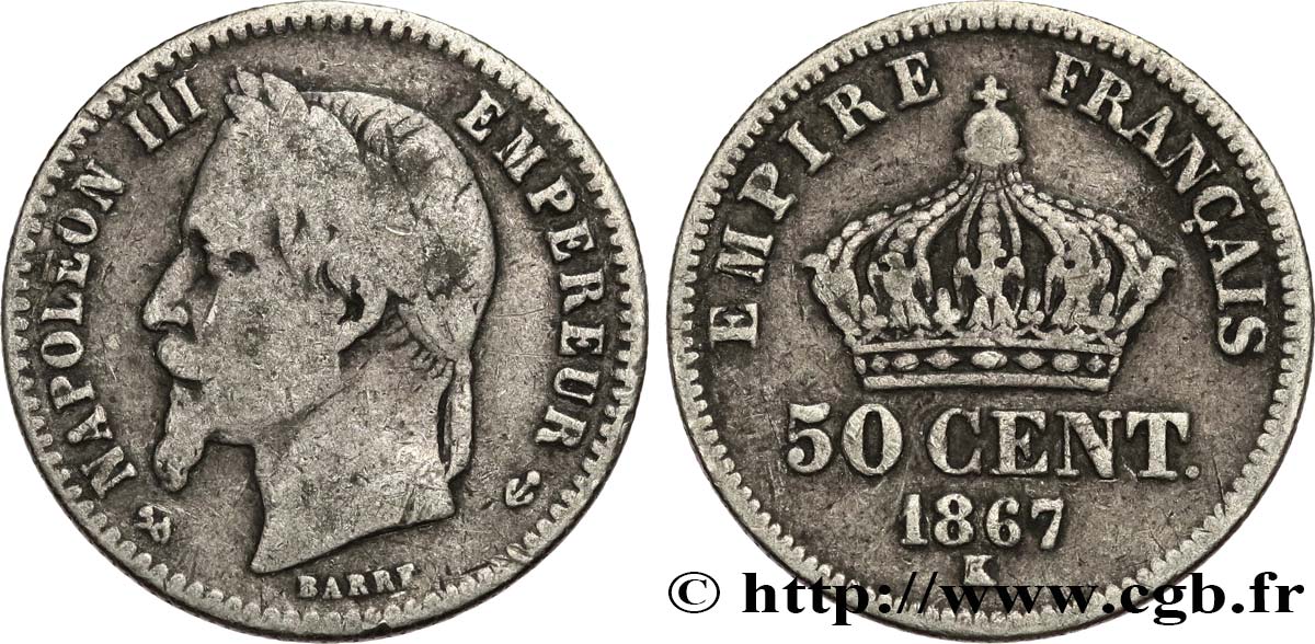 50 centimes Napoléon III, tête laurée 1867 Bordeaux F.188/18 S15 
