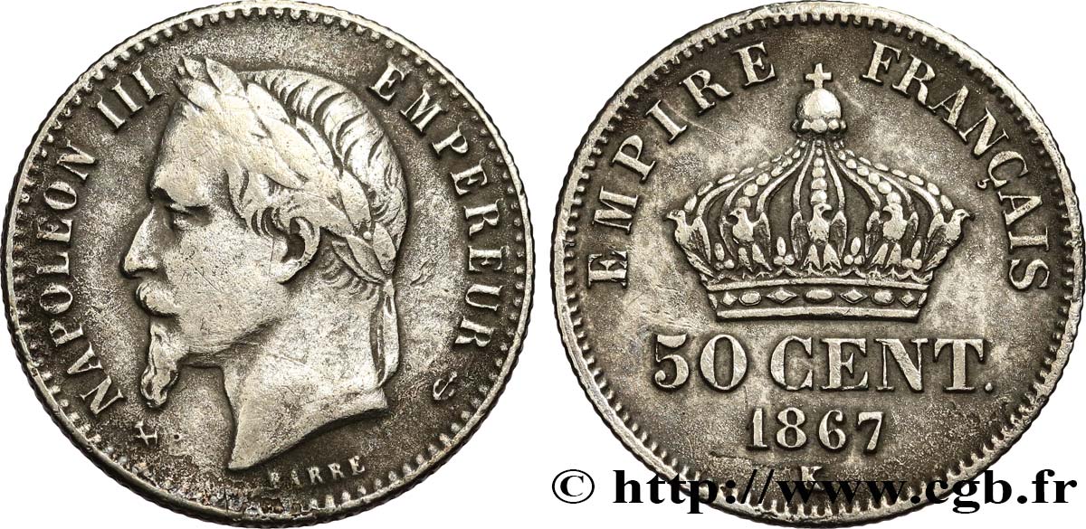 50 centimes Napoléon III, tête laurée 1867 Bordeaux F.188/18 BC 