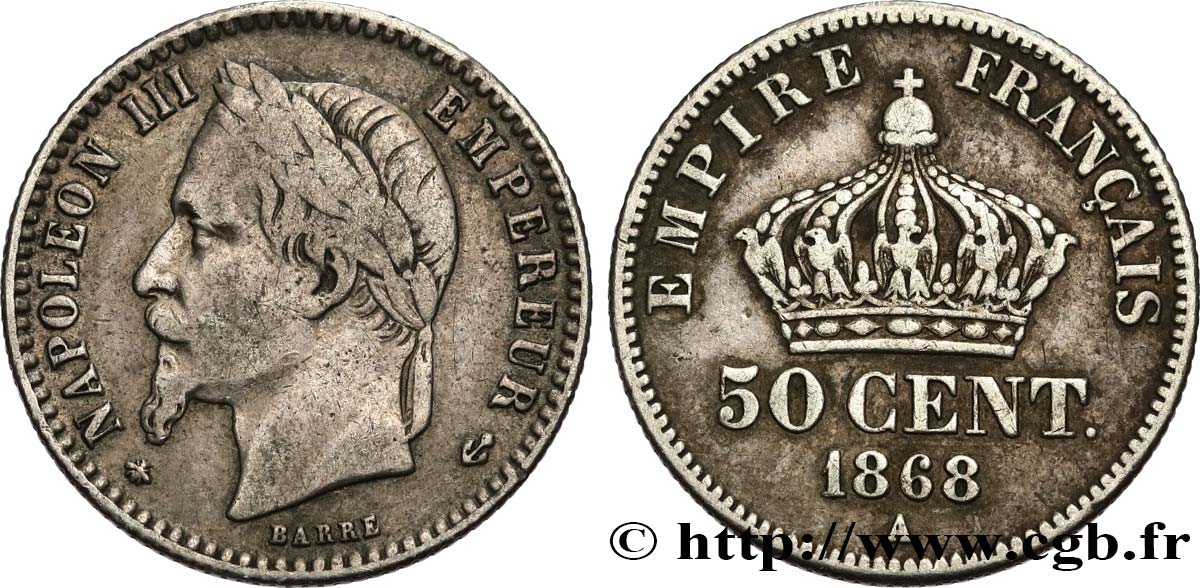 50 centimes Napoléon III, tête laurée 1868 Paris F.188/20 VF25 